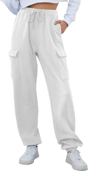 Womens Cargo Sweatpants Baggy Drawstring High Waisted Joggers with Pockets Cinch Bottom Casual Lounge Pants