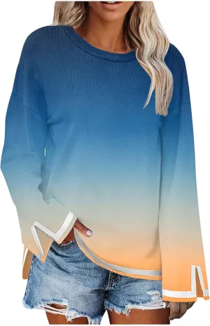 Women's Casual Long Sleeve Fall Sweaters Round Neck Solid Color Gradient Loose Split Top Pullover Loose Fit Jumper