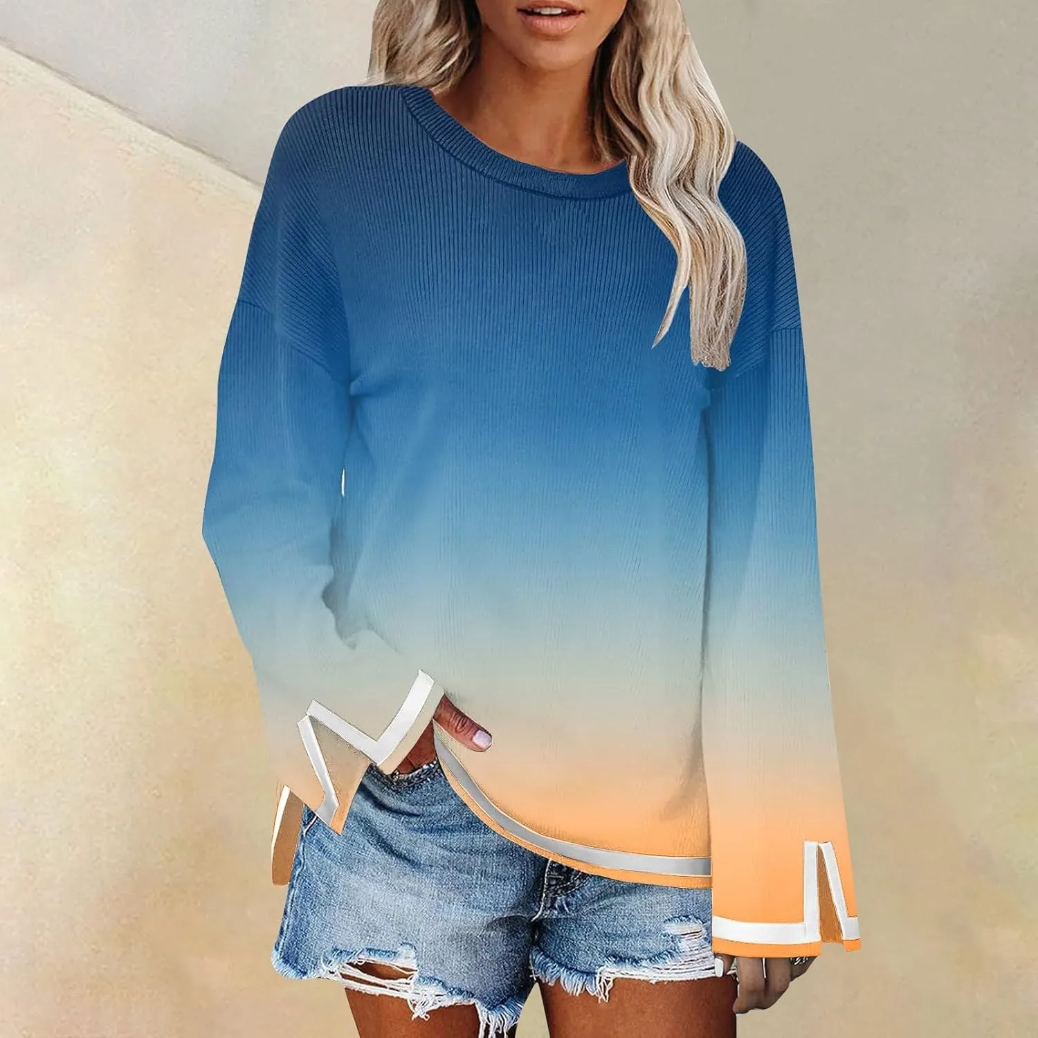 Women's Casual Long Sleeve Fall Sweaters Round Neck Solid Color Gradient Loose Split Top Pullover Loose Fit Jumper