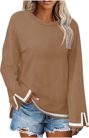 Women's Casual Long Sleeve Fall Sweaters Round Neck Solid Color Gradient Loose Split Top Pullover Loose Fit Jumper