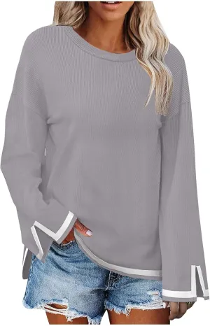 Women's Casual Long Sleeve Fall Sweaters Round Neck Solid Color Gradient Loose Split Top Pullover Loose Fit Jumper