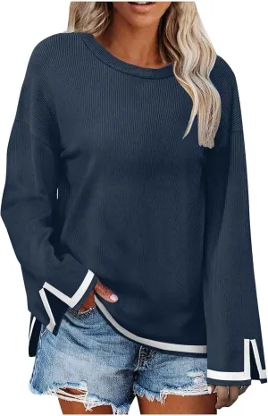 Women's Casual Long Sleeve Fall Sweaters Round Neck Solid Color Gradient Loose Split Top Pullover Loose Fit Jumper