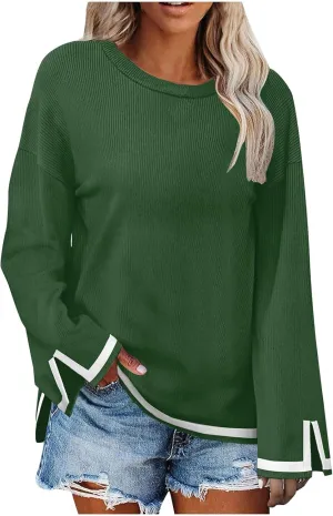 Women's Casual Long Sleeve Fall Sweaters Round Neck Solid Color Gradient Loose Split Top Pullover Loose Fit Jumper