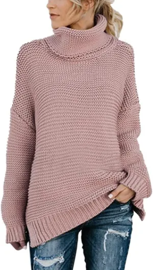 Women's Casual Long Sleeve Turtleneck Ribbed Knitted Striped Sweater Pullover Oversized Soft Blouse Tops Plus Size