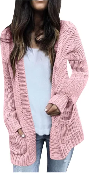 Women's Chunky Knit Cardigan Fall Elegant Open Front Sweaters Outwear Casual Loose Fit Long Sleeve Coat with Pockets