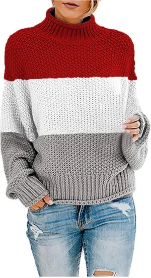 Women's Chunky Knitted Sweaters Batwing Sleeve Turtleneck Sweater 2023 Fall Casual Oversized Pullover Sweater Tops