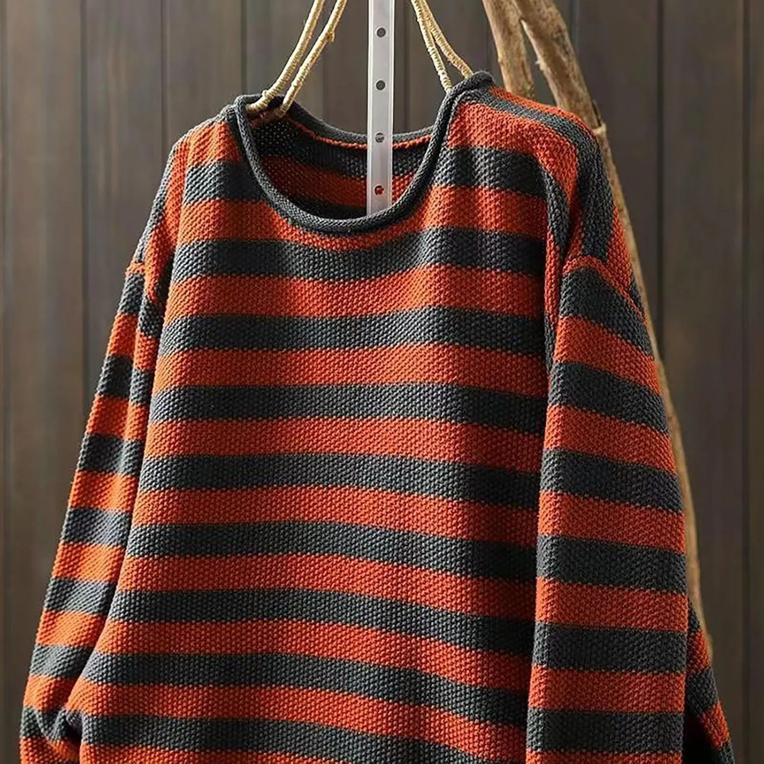 Womens Cotton Striped Sweaters Loose Long Sleeve Round Neck Fit Knit Cozy Pullover Color Block Oversized Fall Tops