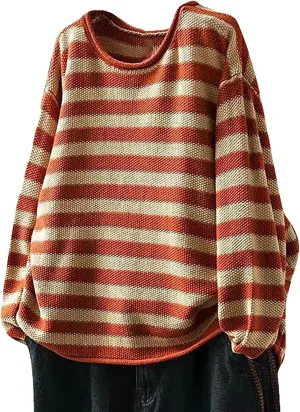 Womens Cotton Striped Sweaters Loose Long Sleeve Round Neck Fit Knit Cozy Pullover Color Block Oversized Fall Tops
