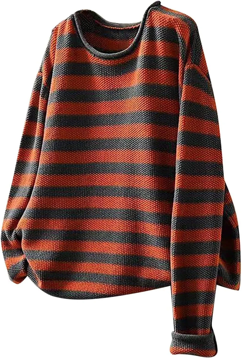 Womens Cotton Striped Sweaters Loose Long Sleeve Round Neck Fit Knit Cozy Pullover Color Block Oversized Fall Tops