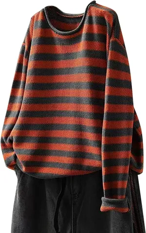 Womens Cotton Striped Sweaters Loose Long Sleeve Round Neck Fit Knit Cozy Pullover Color Block Oversized Fall Tops