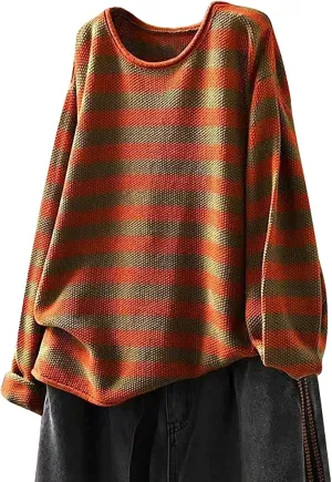 Womens Cotton Striped Sweaters Loose Long Sleeve Round Neck Fit Knit Cozy Pullover Color Block Oversized Fall Tops