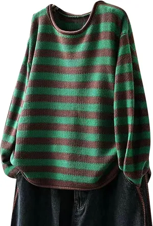 Womens Cotton Striped Sweaters Loose Long Sleeve Round Neck Fit Knit Cozy Pullover Color Block Oversized Fall Tops