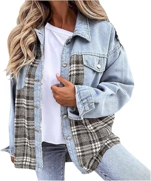 Womens Denim Jacket Oversized Boyfriend Jean Jacket Casual Long Sleeve Button Down Plaid Shacket Jacket with Pockets