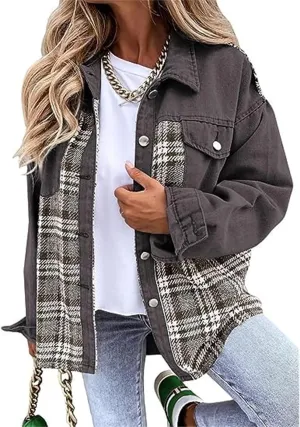 Womens Denim Jacket Oversized Boyfriend Jean Jacket Casual Long Sleeve Button Down Plaid Shacket Jacket with Pockets