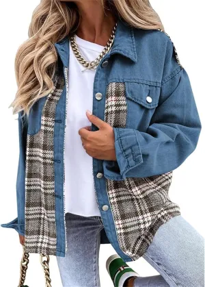 Womens Denim Jacket Oversized Boyfriend Jean Jacket Casual Long Sleeve Button Down Plaid Shacket Jacket with Pockets