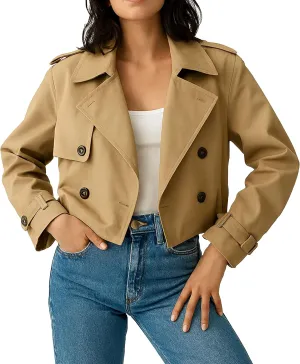 Womens Double Breasted Cropped Trench Coat Long Sleeve - Notched Lapel Crop Spring Short Jacket for Women