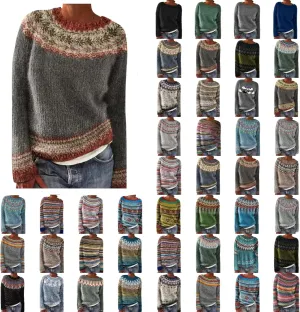 Women's Fair Isle Sweater Winter Warm Wool Knit Vintage Sweaters Retro Long Sleeve Boat Neck Lightweight Pullover Top