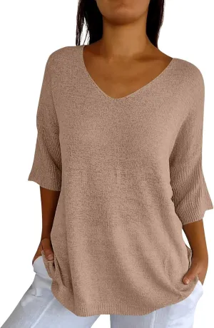 Women's Fall 3/4 Sleeve Sweaters 2024 Casual Crewneck Ribbed Knit Flower Striped Loose Pullover Tops Plus Size