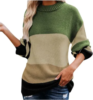 Womens Fall Long Sleeve Striped Color Block Chunky Sweater Plus Size Fall Fashion Lantern Sleeve Blouse Tops