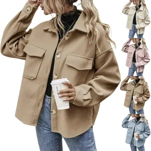 Women's Fashion Cropped Shacket Lapel Button Down Wool Blended Jackets 2023 Fall Coat Casual Loose Outwear with Pocket