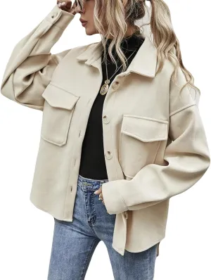 Women's Fashion Cropped Shacket Lapel Button Down Wool Blended Jackets 2023 Fall Coat Casual Loose Outwear with Pocket