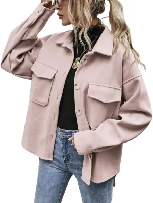 Women's Fashion Cropped Shacket Lapel Button Down Wool Blended Jackets 2023 Fall Coat Casual Loose Outwear with Pocket