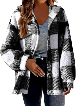 Womens Flannel Shacket Jacket Hooded Jackets Up Button Cardigan Trendy Plaid Fuzzy Outerwear Womens Long Flannel