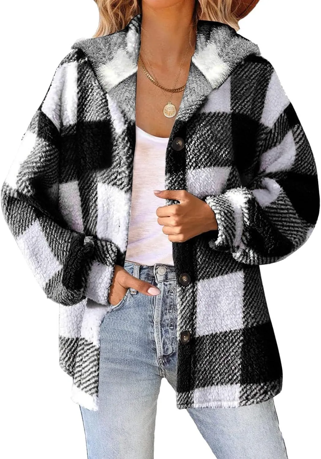 Womens Flannel Shacket Jacket Hooded Jackets Up Button Cardigan Trendy Plaid Fuzzy Outerwear Womens Long Flannel