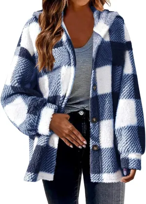 Womens Flannel Shacket Jacket Hooded Jackets Up Button Cardigan Trendy Plaid Fuzzy Outerwear Womens Long Flannel