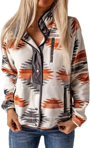 Womens Fleece Jacket Aztec Print Loose Shacket Jacket Long Sleeve Open Front Cardigan Button Down Wool Blend Coat