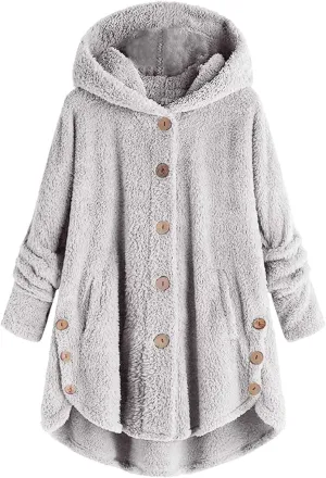 Womens Fleece Jackets Oversized Hooded Sherpa Coat Button Open Front Fuzzy Cardigan Jacket Winter Plus Size Outwear