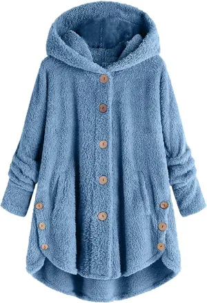 Womens Fleece Jackets Oversized Hooded Sherpa Coat Button Open Front Fuzzy Cardigan Jacket Winter Plus Size Outwear