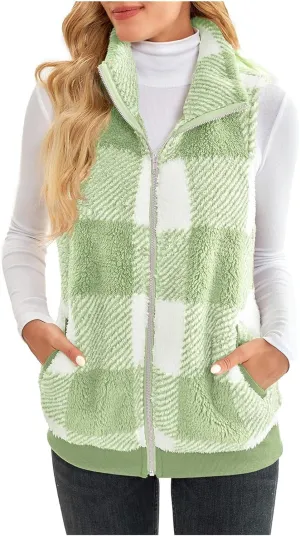 Women's Fuzzy Sherpa Fleece Jacket Lightweight Vest Cozy Sleeveless Cardigan Full Zip Waistcoat Outerwear with Pockets
