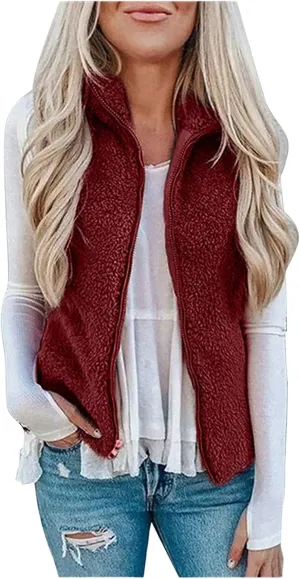 Women's Fuzzy Sherpa Fleece Jacket Lightweight Vest Cozy Sleeveless Cardigan Full Zip Waistcoat Outerwear with Pockets