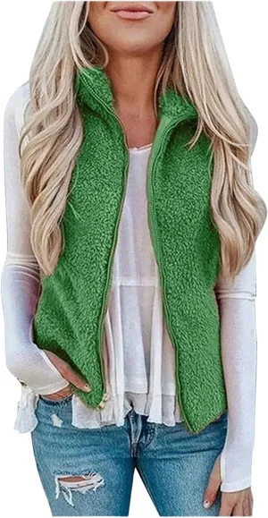 Women's Fuzzy Sherpa Fleece Jacket Lightweight Vest Cozy Sleeveless Cardigan Full Zip Waistcoat Outerwear with Pockets
