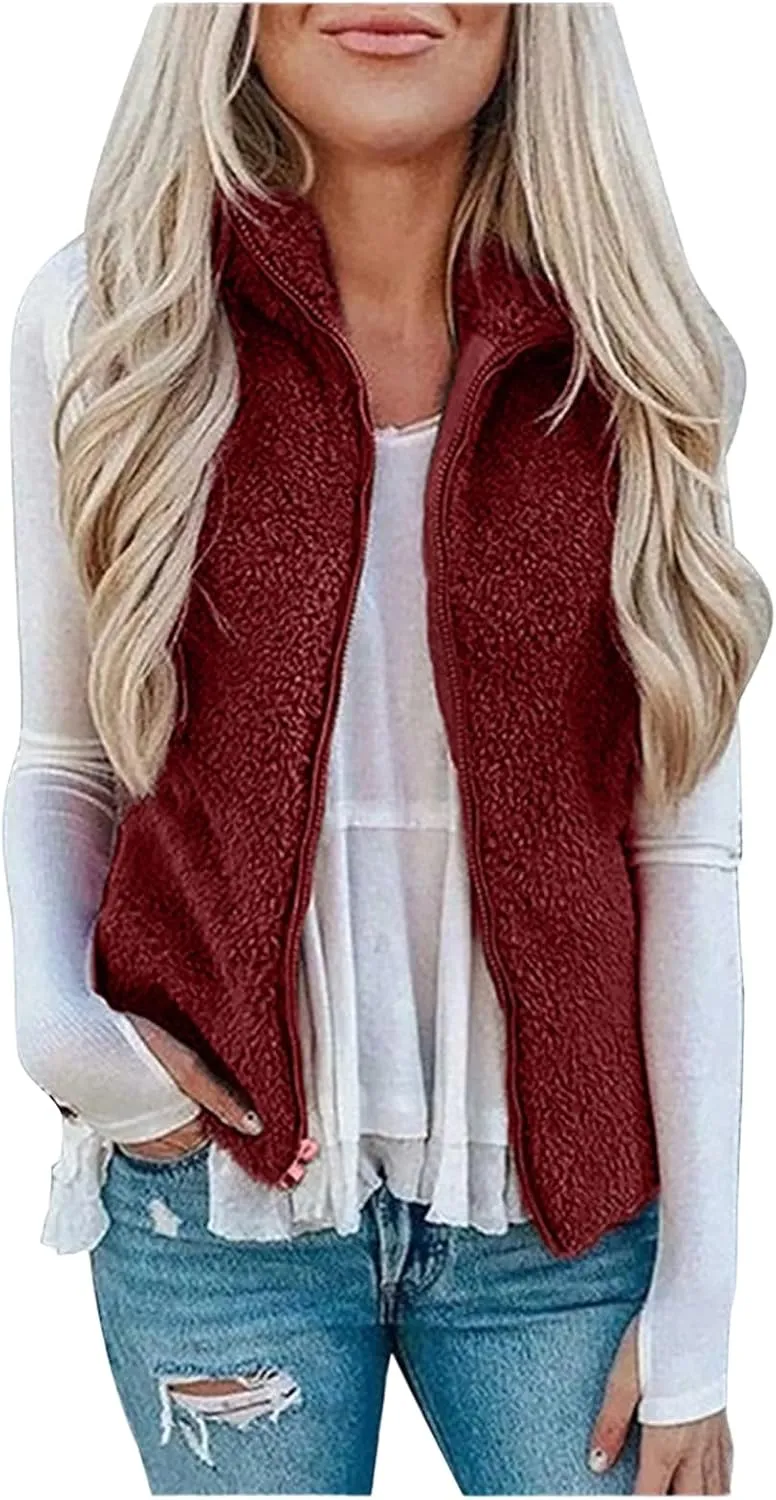 Women's Fuzzy Sherpa Fleece Jacket Lightweight Vest Cozy Sleeveless Cardigan Full Zip Waistcoat Outerwear with Pockets