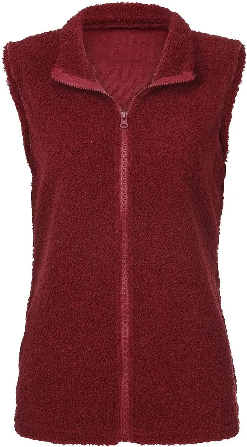 Women's Fuzzy Sherpa Fleece Jacket Lightweight Vest Cozy Sleeveless Cardigan Full Zip Waistcoat Outerwear with Pockets