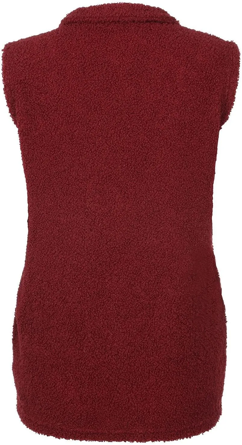 Women's Fuzzy Sherpa Fleece Jacket Lightweight Vest Cozy Sleeveless Cardigan Full Zip Waistcoat Outerwear with Pockets