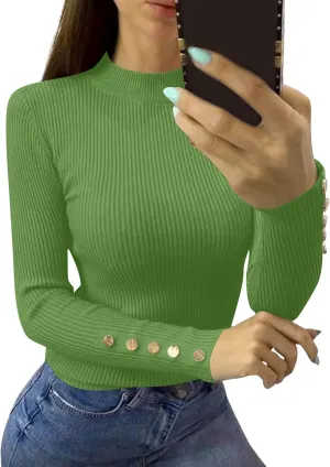 Womens Going Out Tops Long Sleeve Turtle Neck Ribbed Sweaters Trendy Winter Button Sexy Tops Fall Classic Cute Clothes