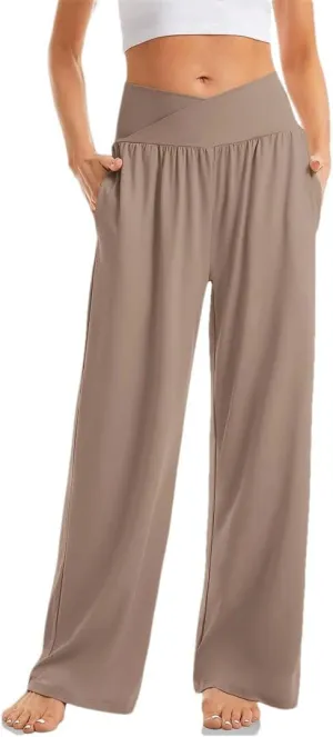 Women's High Waist Solid Casual Elastic Straight Trousers Wide Leg Sports Pants