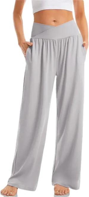 Women's High Waist Solid Casual Elastic Straight Trousers Wide Leg Sports Pants