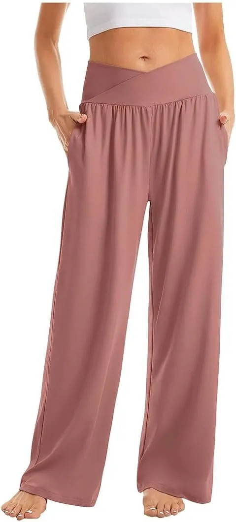 Women's High Waist Solid Casual Elastic Straight Trousers Wide Leg Sports Pants