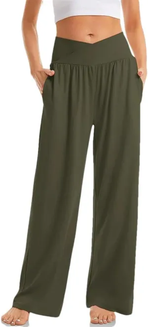 Women's High Waist Solid Casual Elastic Straight Trousers Wide Leg Sports Pants