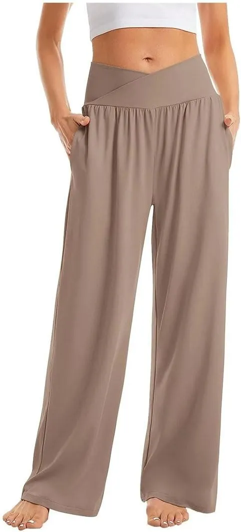 Women's High Waist Solid Casual Elastic Straight Trousers Wide Leg Sports Pants