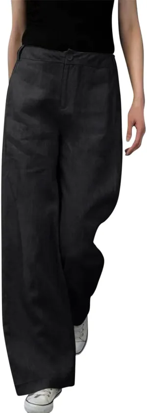 Women's High Waist Wide Leg Button Pants Cotton Lightweight Straight Leg Loose Fitted Trousers with Pockets Casual Solid Pant