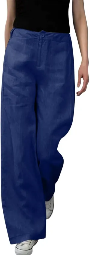 Women's High Waist Wide Leg Button Pants Cotton Lightweight Straight Leg Loose Fitted Trousers with Pockets Casual Solid Pant