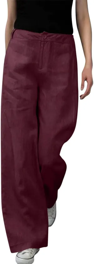 Women's High Waist Wide Leg Button Pants Cotton Lightweight Straight Leg Loose Fitted Trousers with Pockets Casual Solid Pant