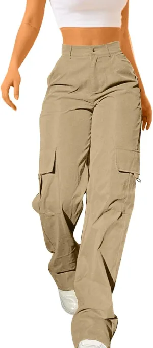 Womens Hiking Wide Leg Cargo Pants Lightweight Quick Dry Outdoor High Waisted Buttons Workout Pants with Pockets
