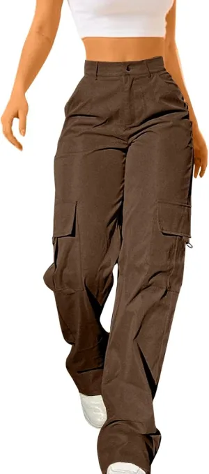 Womens Hiking Wide Leg Cargo Pants Lightweight Quick Dry Outdoor High Waisted Buttons Workout Pants with Pockets
