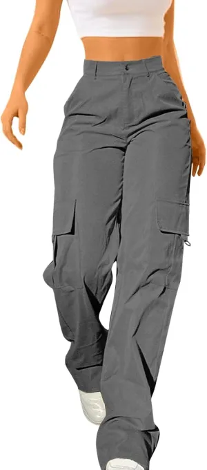 Womens Hiking Wide Leg Cargo Pants Lightweight Quick Dry Outdoor High Waisted Buttons Workout Pants with Pockets